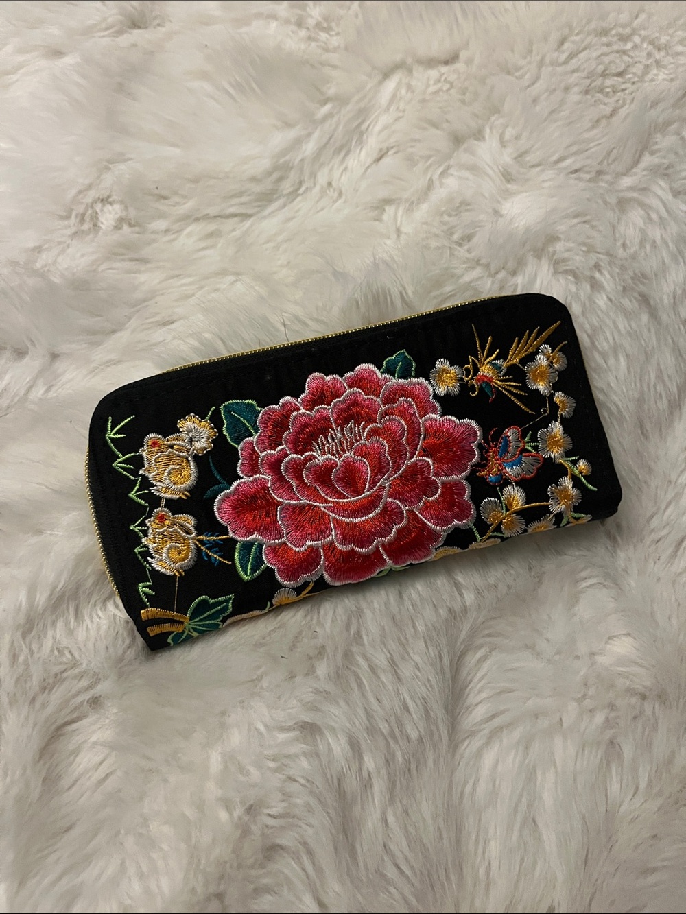 Embroidered Floral Zip Wallet - Black with Red Flower